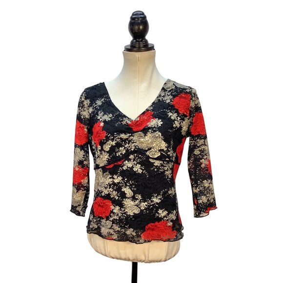 Fashion Bug Tops - Y2K Babydoll Top Womens M (est) Black Red Rose Lace Sheer Fairy Whimsy Goth